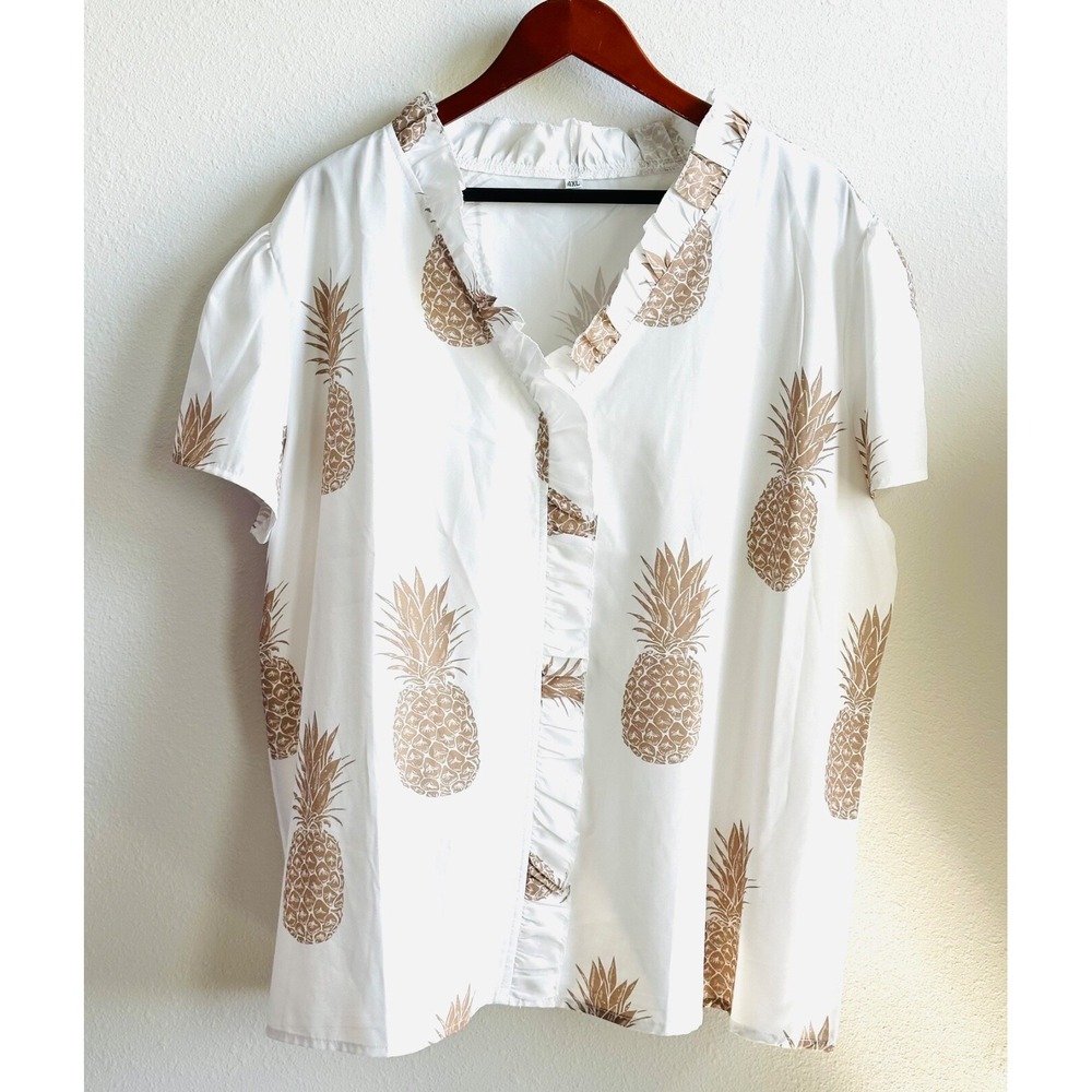 White Pineapple Print Blouse with Ruffle Trim